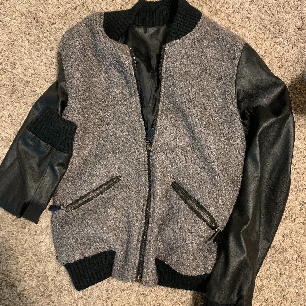 Black Gray Wool Blend Faux-Leather Zip Up Coat Jacket
